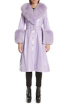 Women's Saks Potts Patent Leather Coat With Genuine Fox Fur Trim - Purple