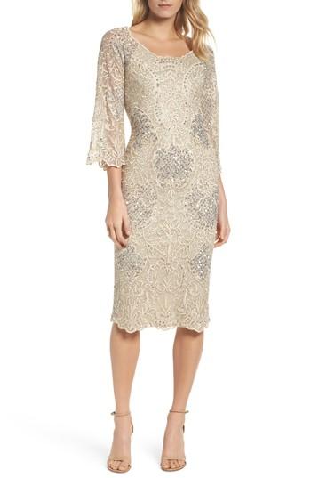 Women's Pisarro Nights Embroidered Scallop Edge Midi Sheath Dress - Beige