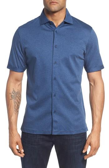 Men's Bugatchi Trim Fit Heather Knit Sport Shirt, Size - Blue