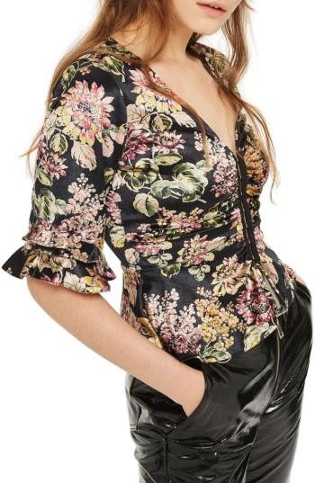 Women's Topshop Floral Print Velvet Hook & Eye Top Us (fits Like 0) - Black