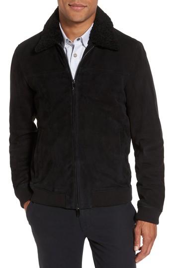 Men's Ted Baker London Genuine Shearling Collar Suede Jacket (l) - Black