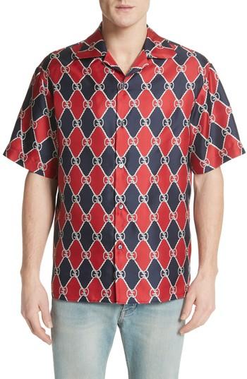 Men's Gucci Rope Logo Silk Camp Shirt Eu - Blue