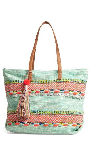 Fantasia Accessories Tassel & Coin Woven Tote - Blue
