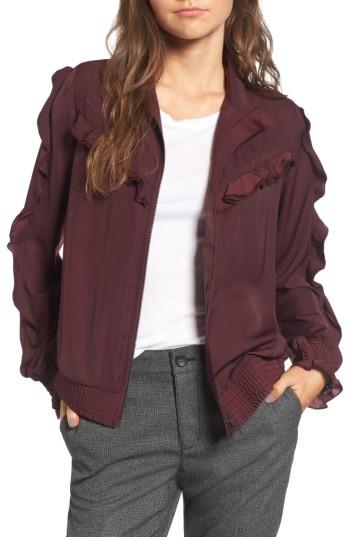 Women's Treasure & Bond Ruffle Satin Bomber Jacket, Size - Burgundy