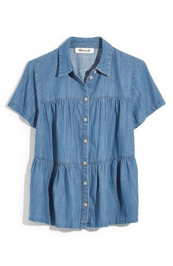 Women's Madewell Seamed Button Down Denim Shirt, Size - Blue