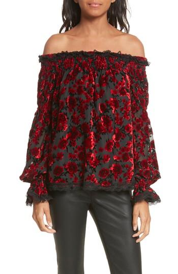 Women's The Kooples Floral Devore Off The Shoulder Top - Red