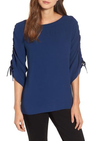 Women's Eileen Fisher Ballet Neck Silk Top, Size - Blue