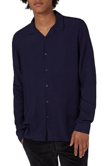 Men's Topman Piped Crepe Shirt - Blue