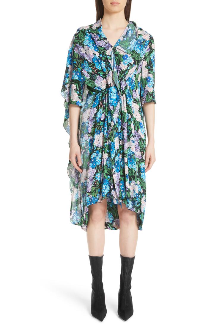 Women's Balenciaga Floral Print Cape Detail Dress Us / 34 Fr - Blue