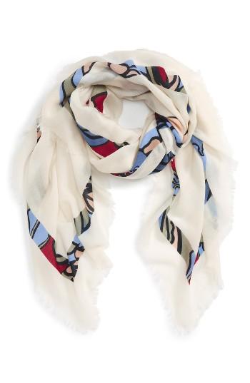 Women's Tory Burch Logo Print Square Wool Scarf, Size - Ivory