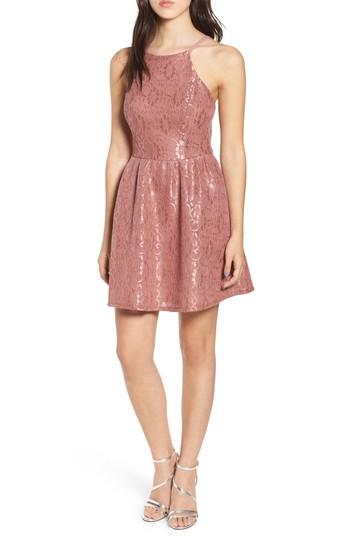 Women's Speechless Lace Halter Low Back Party Dress - Pink