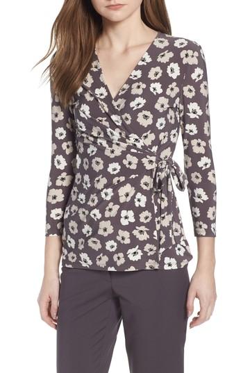 Women's Anne Klein New York Faux Wrap Floral Top, Size - Grey
