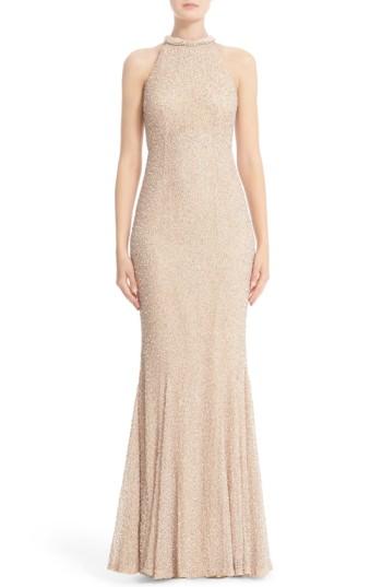 Women's Rachel Gilbert Hand Embellished Halter Mermaid Gown - Metallic