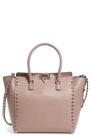Valentino Garavani 'rockstud' Leather Double Handle Tote - Beige