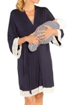 Women's Angel Maternity Nursing Dress, Robe & Baby Blanket Pouch Set - Blue