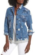 Women's Love, Fire Floral Embroidered Ripped Denim Jacket - Blue