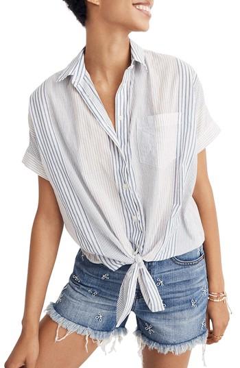 Women's Madewell Stripe Tie Front Short Sleeve Shirt, Size - Blue