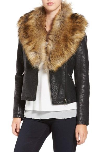 Women's Love Token Faux Leather Jacket With Removable Faux Fur Collar