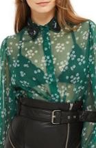 Women's Topshop Beaded Collar Sheer Shirt Us (fits Like 0) - Green