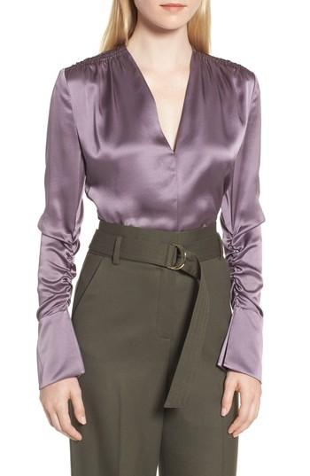 Women's Lewit Satin V-neck Ruched Silk Blouse - Purple