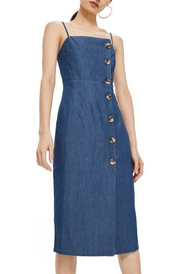 Women's Topshop Horn Button Midi Dress Us (fits Like 0) - Blue