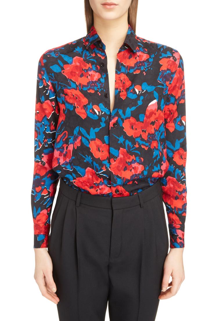 Women's Saint Laurent Floral Jacquard Shirt Us / 40 Fr - Red