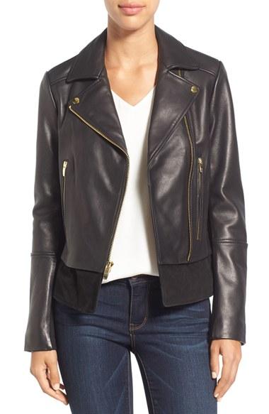 Women's Via Spiga Mixed Media Leather Moto Jacket