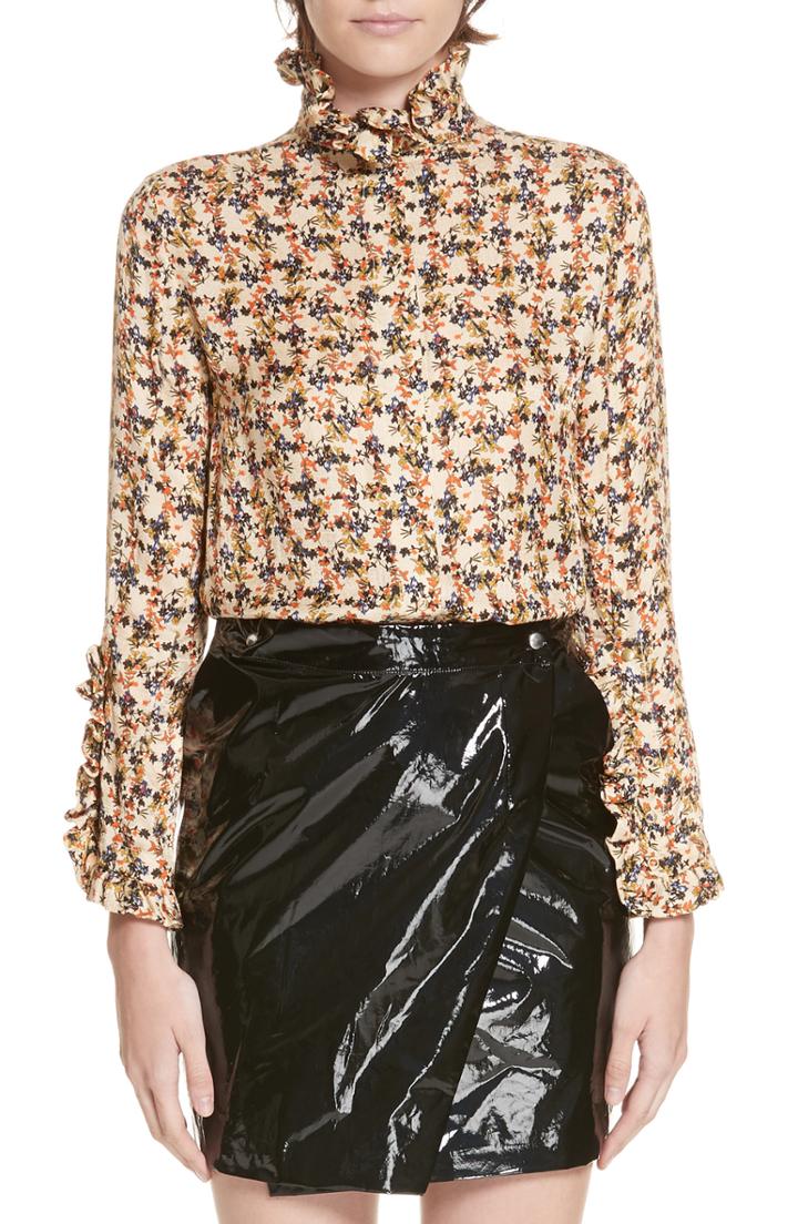 Women's Roseanna Jacques Floral Print Ruffle Trim Blouse Us / 34 Fr - Brown