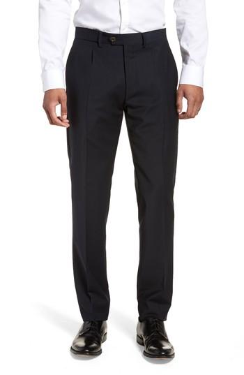 Men's Eleventy Pleat Front Stretch Solid Wool Trousers R Eu - Blue