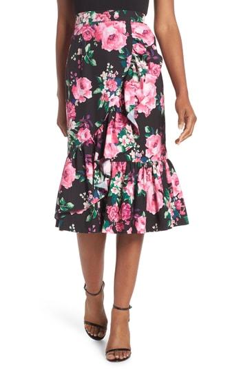 Women's Eliza J Floral Ruffle Midi Skirt - Black