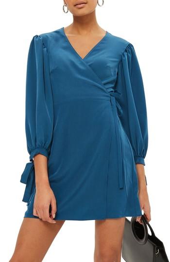 Women's Topshop Tie Cuff Wrap Minidress Us (fits Like 0) - Blue
