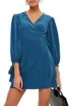 Women's Topshop Tie Cuff Wrap Minidress Us (fits Like 0) - Blue