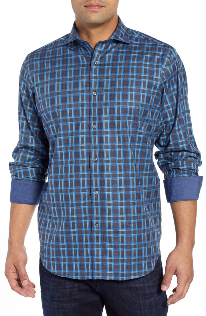 Men's Bugatchi Regular Fit Plaid Sport Shirt - Grey