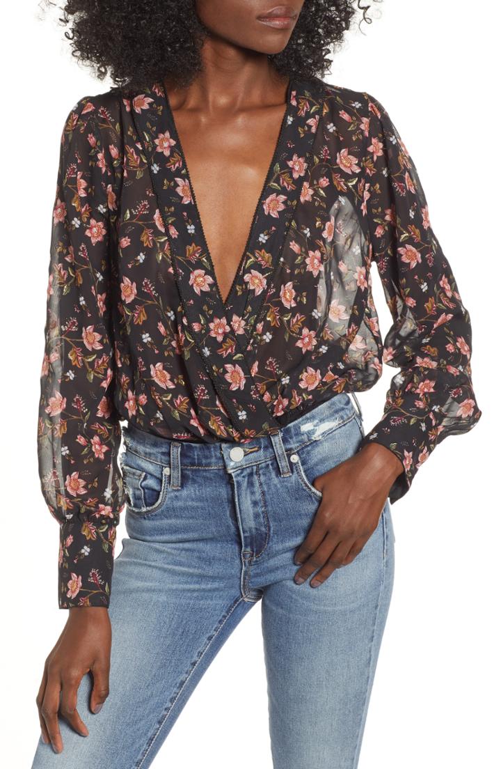 Women's J.o.a. Floral Blouson Wrap Style Bodysuit - Black