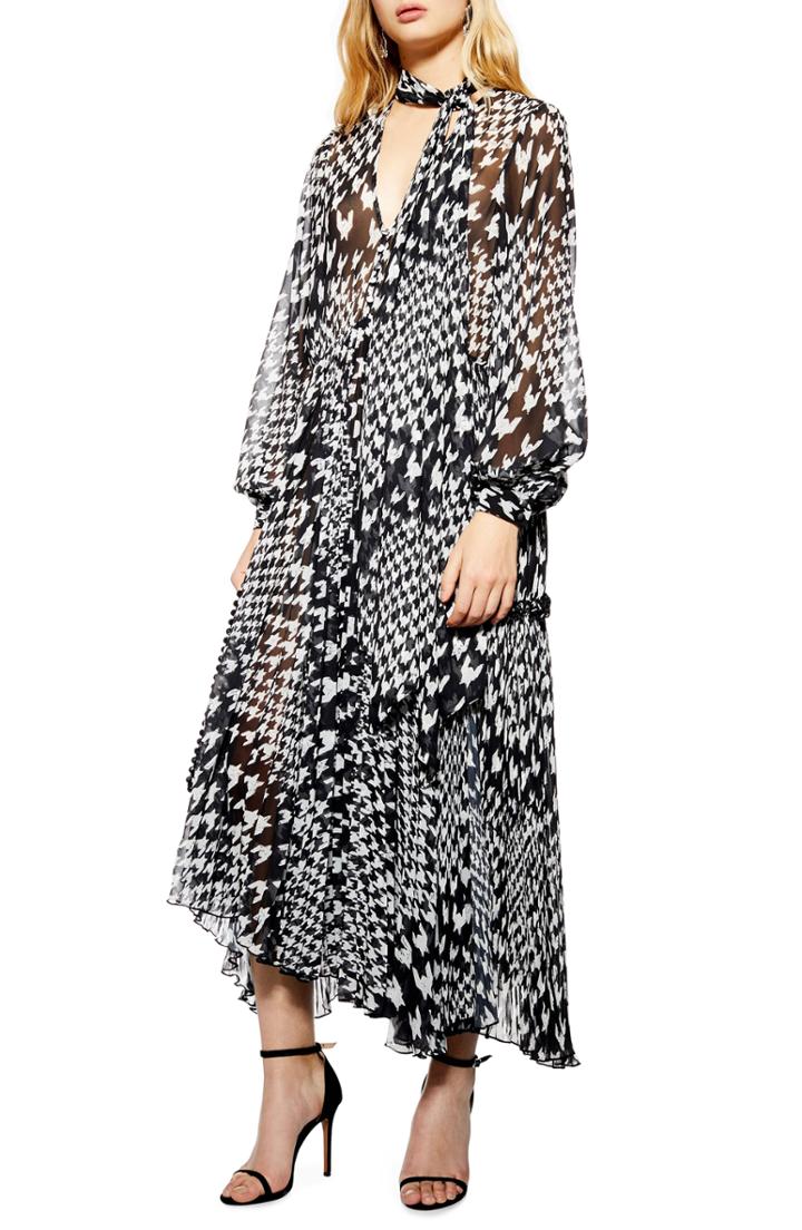 Women's Topshop Houndstooth Tie Neck Midi Dress Us (fits Like 0) - Black