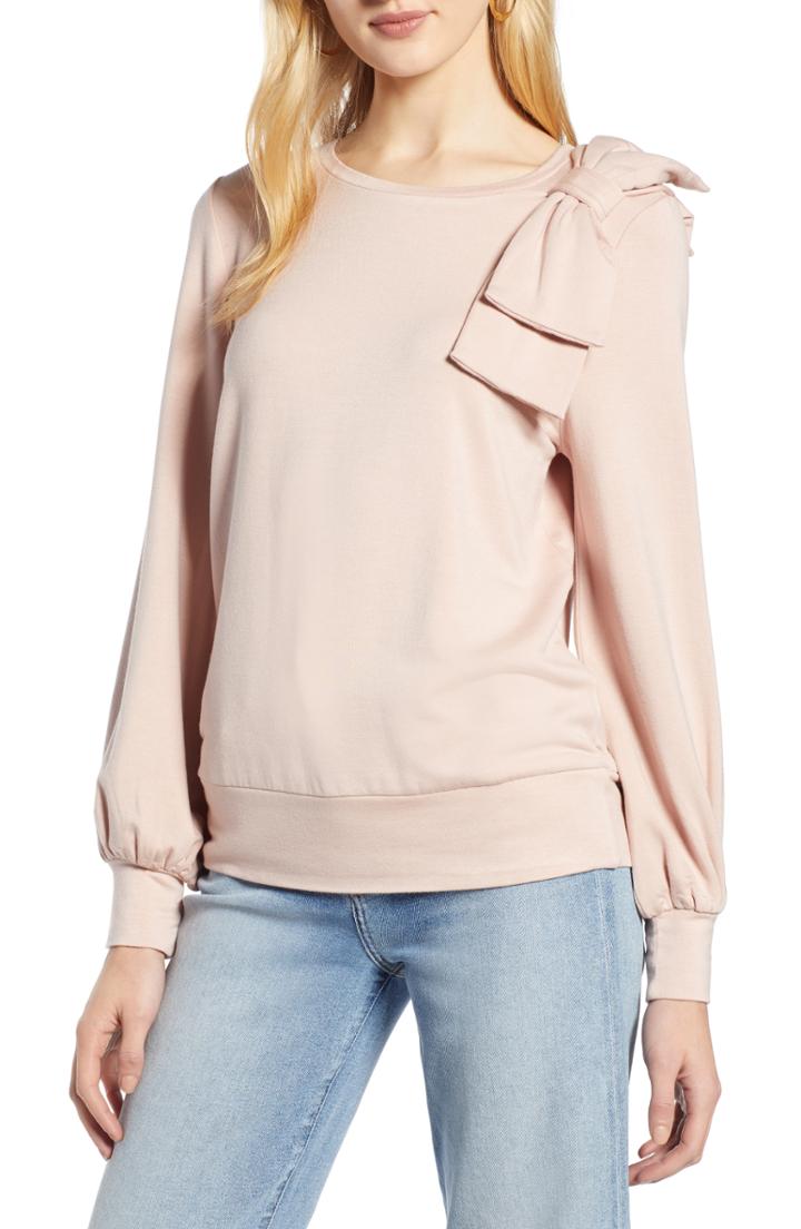 Women's Halogen Bow Trim Sweatshirt - Pink