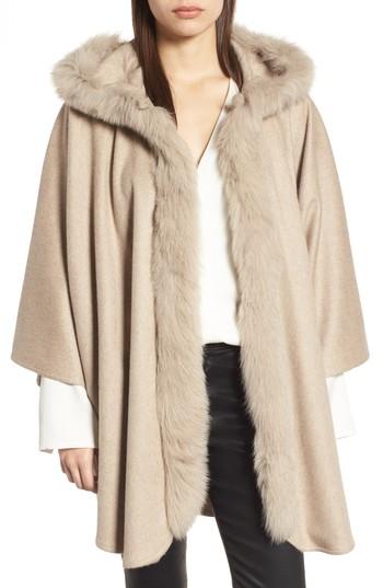 Women's Max Mara Cashmere Hooded Cape With Genuine Fox Fur Trim, Size - Grey