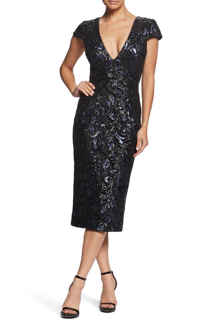 Women's Dress The Population Allison Sequin Brocade Plunging V-neck Cocktail Sheath, Size - Black