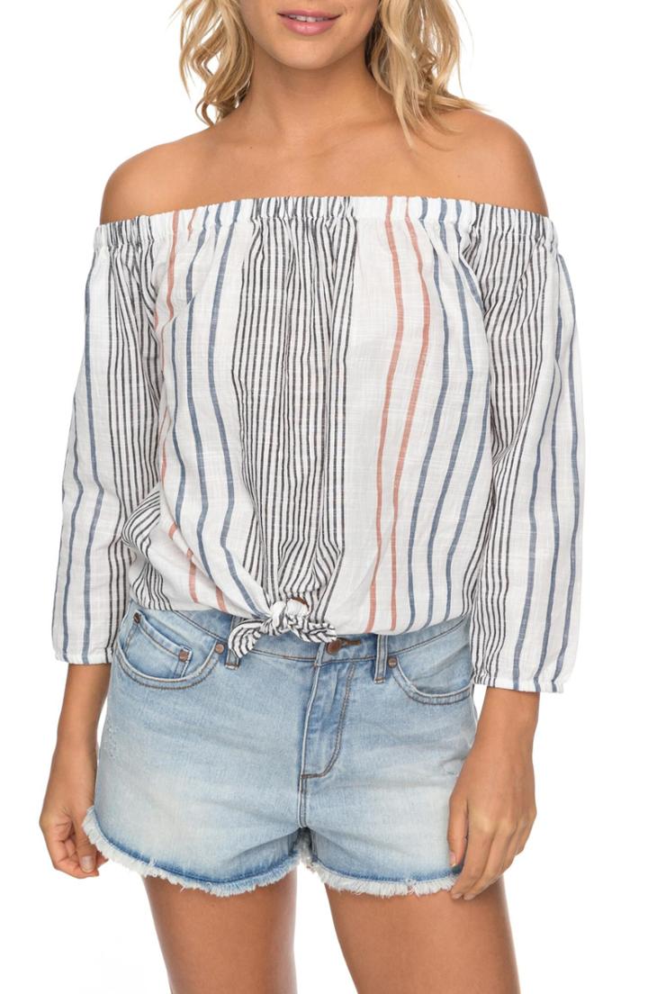 Women's Roxy Crossing Stripes Of The Shoulder Top - White