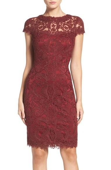 Women's Tadashi Shoji Illusion Yoke Lace Sheath Dress - Burgundy