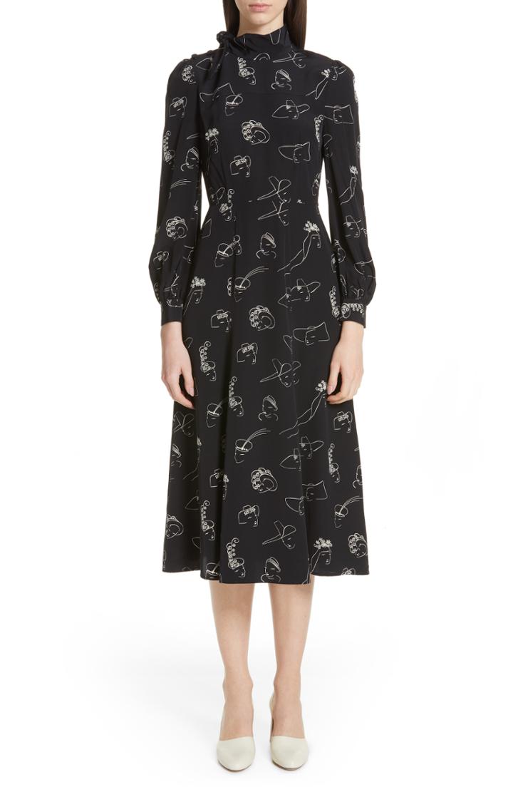 Women's Co Hat Print Button Shoulder Silk Dress - Black