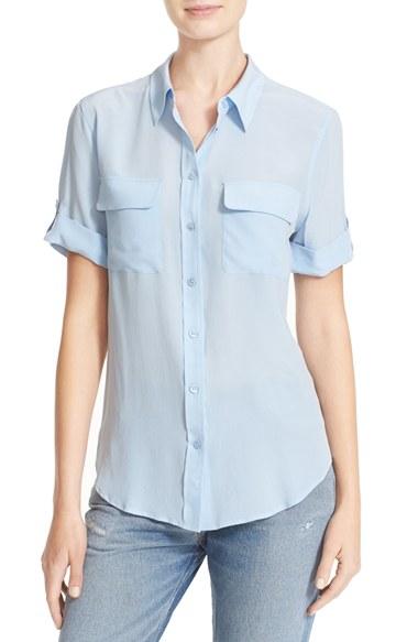 Women's Equipment Slim Signature Short Sleeve Silk Shirt - Blue