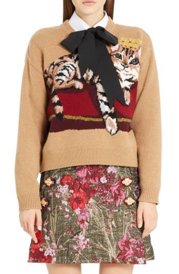 Women's Dolce & Gabbana Cat Intarsia Cashmere, Wool & Mohair Blend Sweater Us / 40 It - Brown