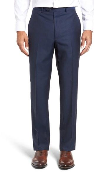 Men's Santorelli Flat Front Solid Wool Trousers - Blue
