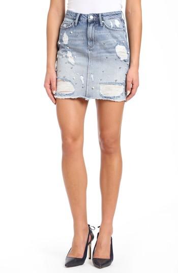 Women's Mavi Faux Pearl & Bead Embellished Distressed Denim Skirt - Blue
