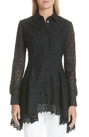 Women's Lela Rose Cotton & Silk Lace Sharkbite Hem Blouse - Black