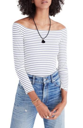 Women's Madewell Stripe Off The Shoulder Bodysuit, Size - White