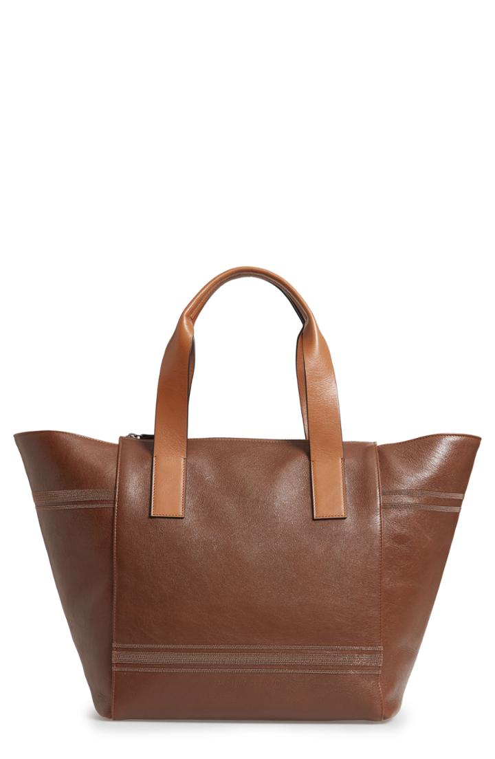 Brunello Cucinelli Monili Trim Leather Shopper Bag - Brown