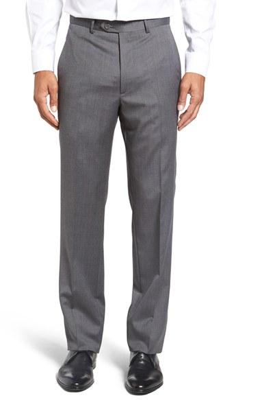 Men's Santorelli Flat Front Solid Wool Trousers - Grey