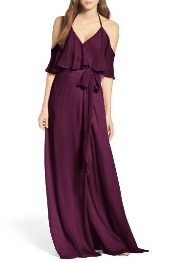Women's Ceremony By Joanna August Cold Shoulder Tie Waist Halter Gown - Red